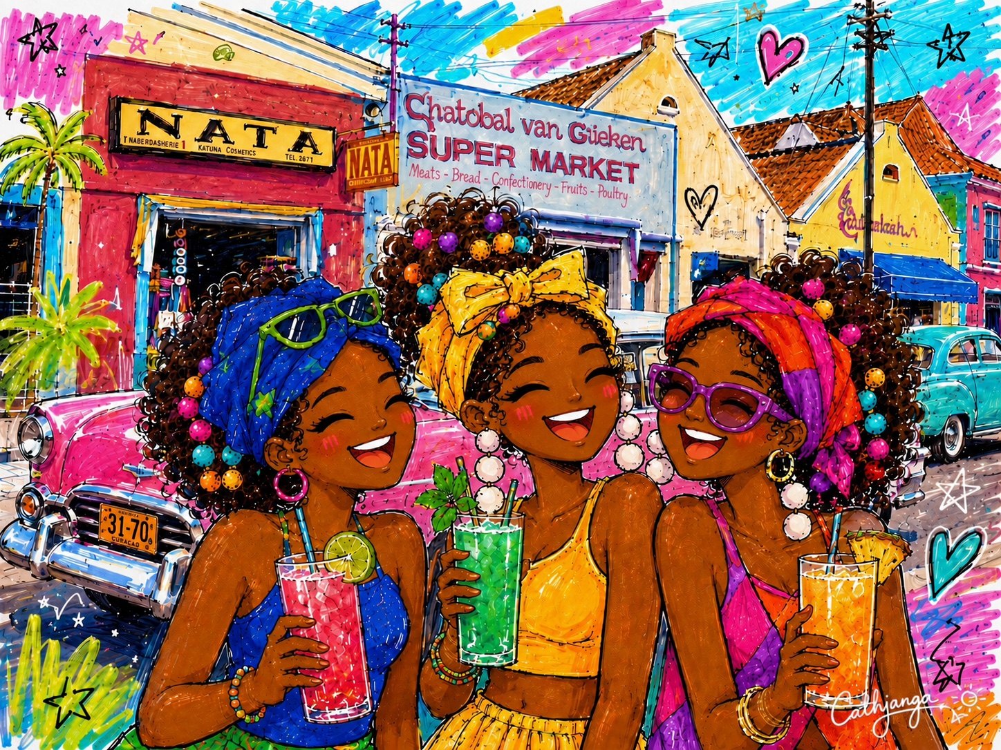 Cathjanga Girls in a vintage Curaçao street scene